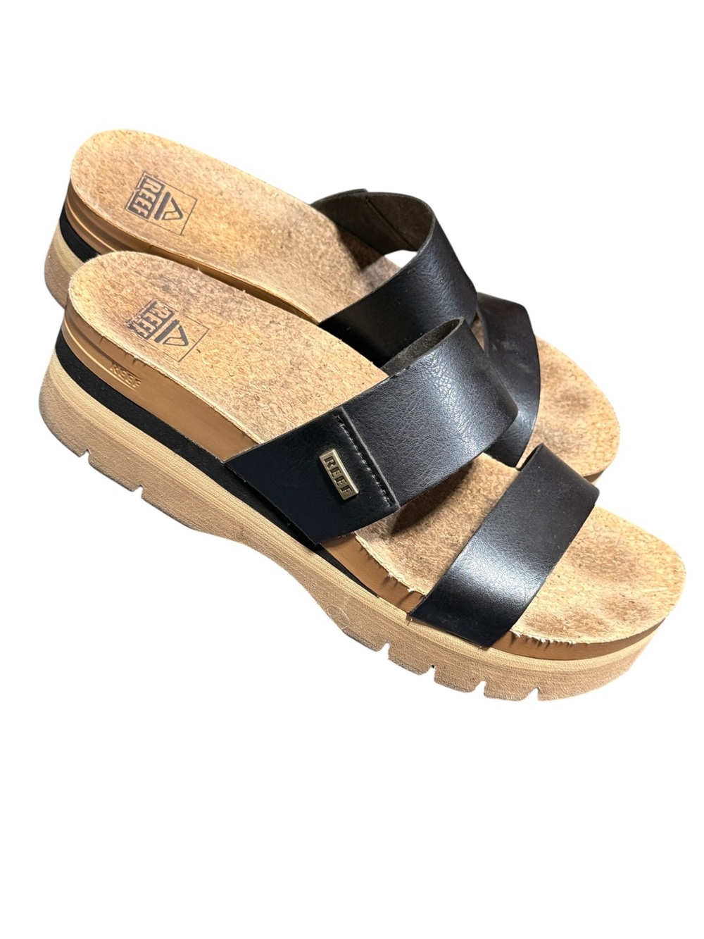 Reef Cushion Vista Higher Sandals Size 9 Black Tan Vegan Leather Platform Chunky